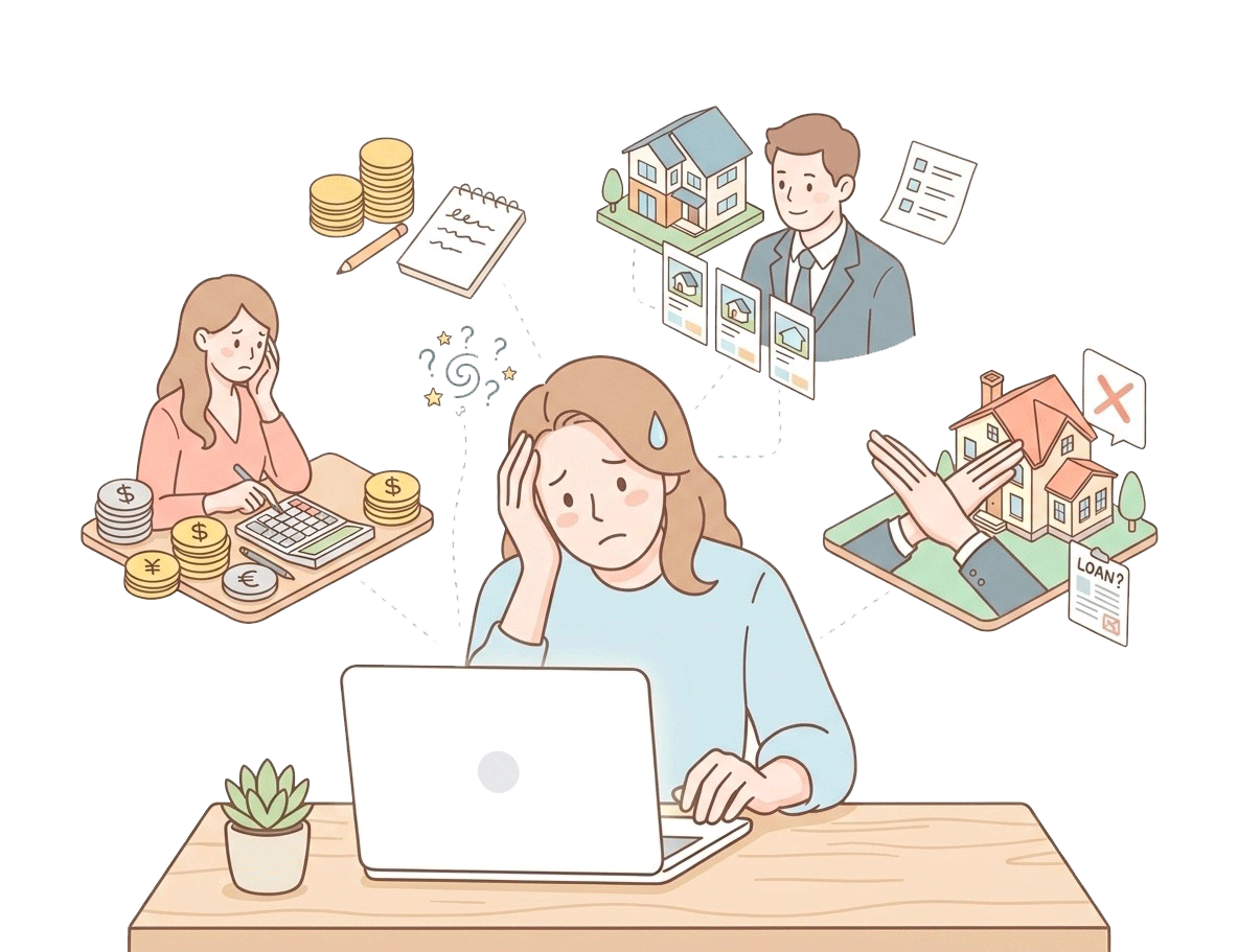 物件探しのお悩みに頭を抱える人のイラスト